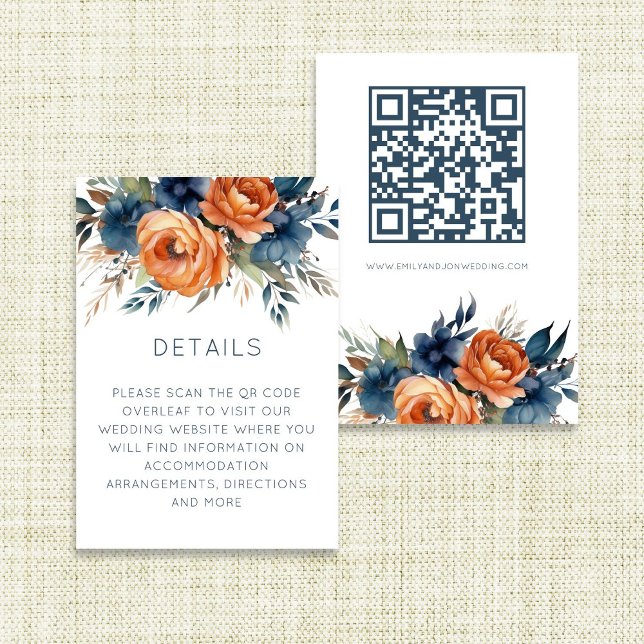 Carte D'accompagnement Navy Burnt Orange Florals Wedding Details (front and back view)