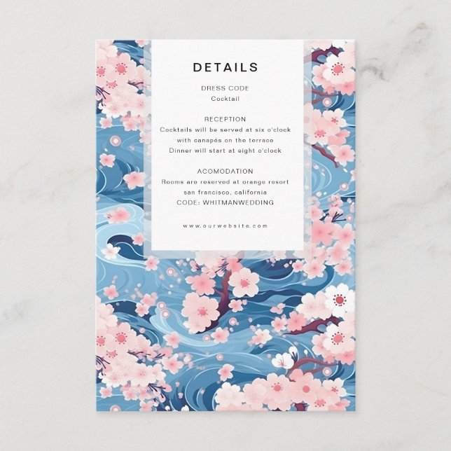Carte D'accompagnement Navy Waves Sakura Blossom Modern Wedding Details (Devant)