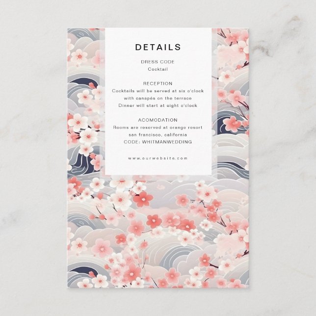 Carte D'accompagnement Navy Waves Sakura Blossom Modern Wedding Details (Devant)