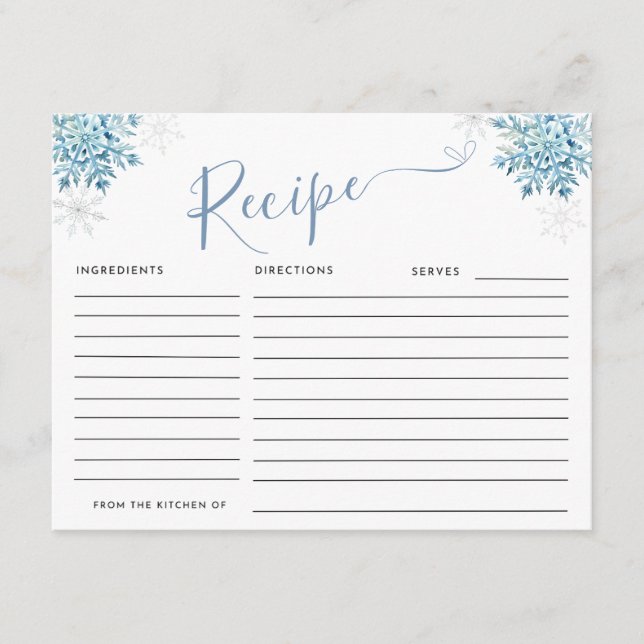 CARTE D'ACCOMPAGNEMENT NEIGE BLEUE EN RECETTE AMOUREUSE (Devant)