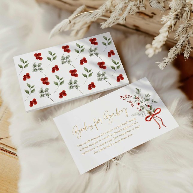 Carte D'accompagnement Noël hiver Fille Baby shower Livres pour bébé (Winter Greenery and Red Holly Books for Baby Card)