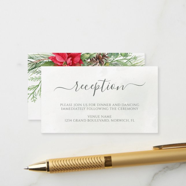 Carte D'accompagnement Noël Poinsettia Mariage de verdure d'hiver (Devant/Arrière en situation)