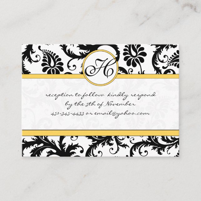 Carte D'accompagnement Noir Blanc Damas Jaune Mariage Trim RSVP (Devant)