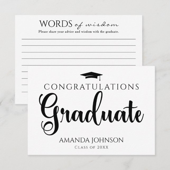 Carte D'accompagnement Noir blanc des mots de la sagesse Graduation (Devant / Derrière)