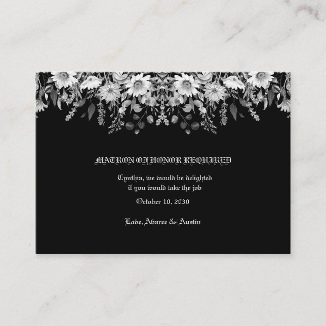 Carte D'accompagnement Noir blanc Floral Mariage Matron d'honneur (Devant)