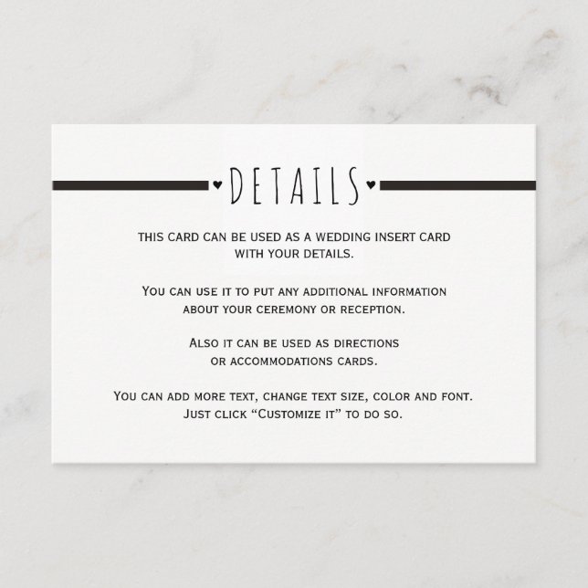 Carte D'accompagnement Noir blanc monogramme détails mariage insérer cart (Devant)