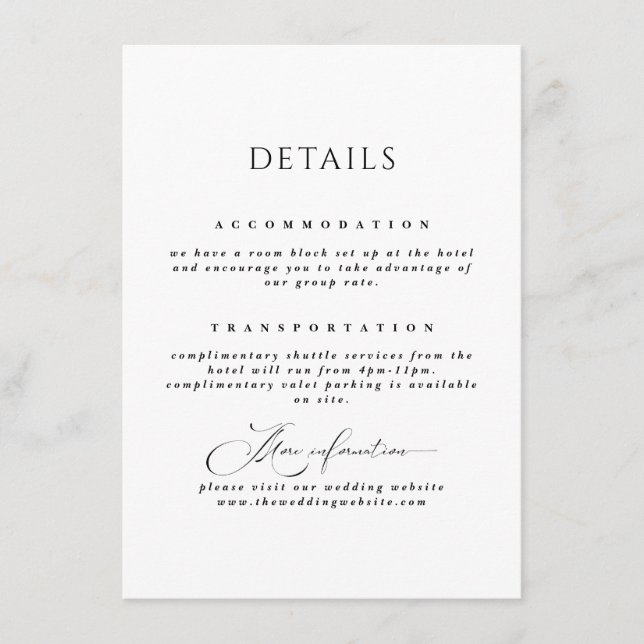 Carte D'accompagnement Noir & Blanc Simple et élégant Détails de mariage (Devant)