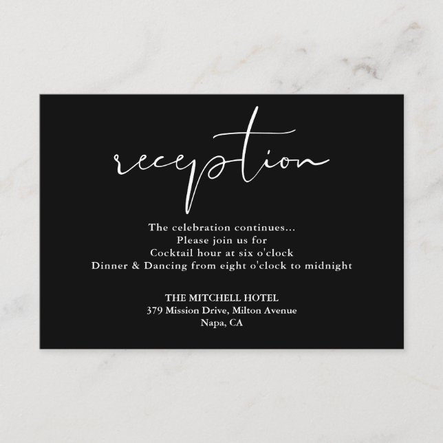 Carte D'accompagnement Noir Et Blanc Élégant Script Réception De Mariage (Devant)