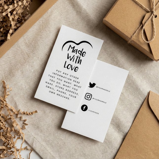 Carte D'accompagnement Noir et blanc fait de coeur d'amour Silhouette (Black and white made with love heart Silhouette Enclosure Card.)