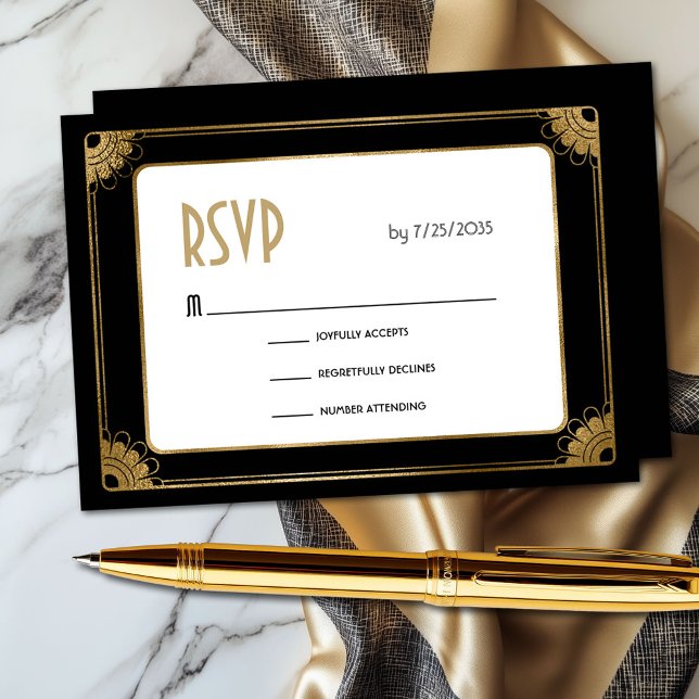 Carte D'accompagnement Noir minimal Art Déco Mariage floral RSVP (Elegant minimal black and gold art deco wedding RSVP flat card)