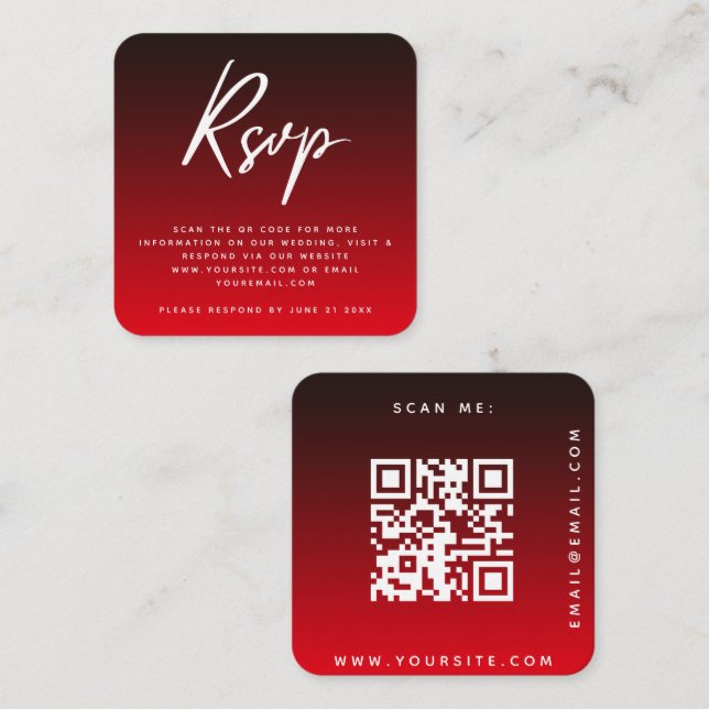 Carte D'accompagnement Noir rouge élégant Ombre RSVP QR Code Mariage Chic (Devant / Derrière)