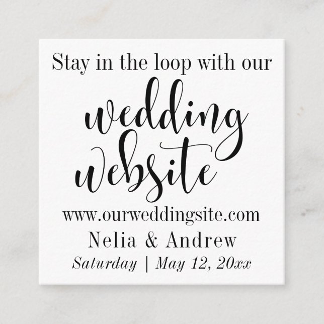 Carte D'accompagnement Noir sur blanc jolie typographie Mariage site (Devant)