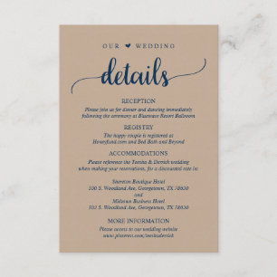 Carte D'accompagnement Nos détails Mariages, Russe Brown Kraft Navy Blue