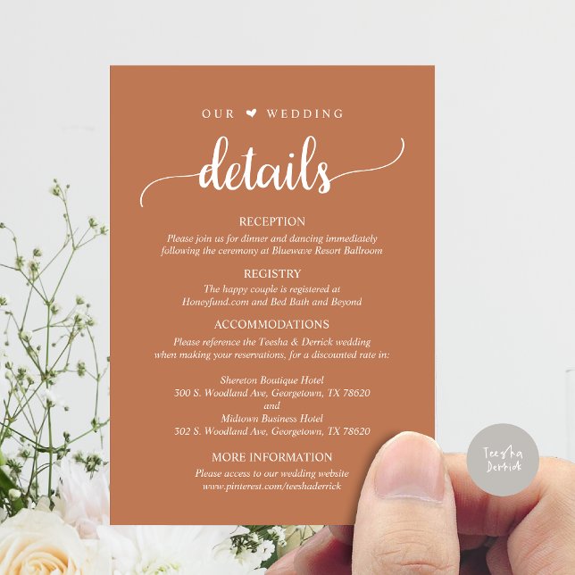 Carte D'accompagnement Nos détails Mariages, Rustique rouille cuivre Brow (Our Wedding Details, Rustic Script Invitation Enclosure Card, in Copper Brown)