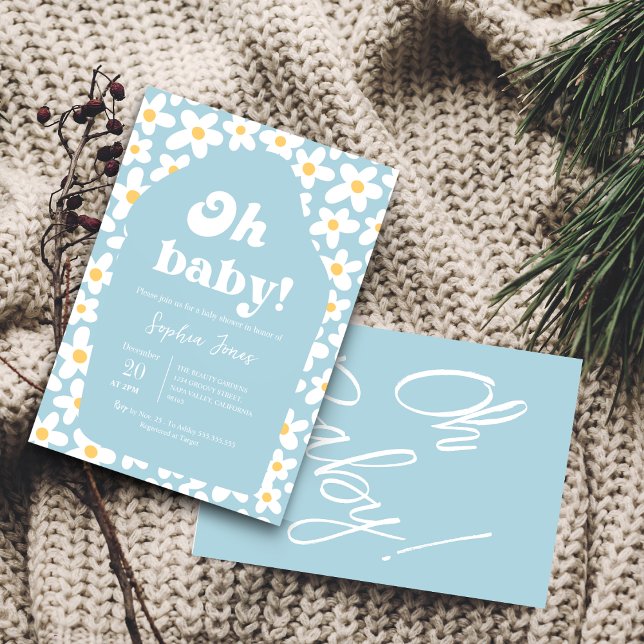 Carte D'accompagnement Oh Baby shower | Blue Retro Daisy les années 70 in (Créateur téléchargé)