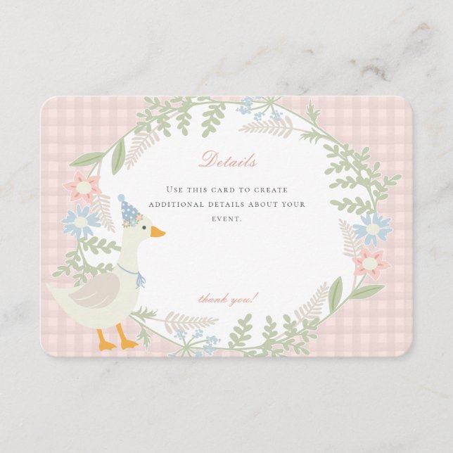 Carte D'accompagnement Oie soie rose En vichy détails floraux (Devant)