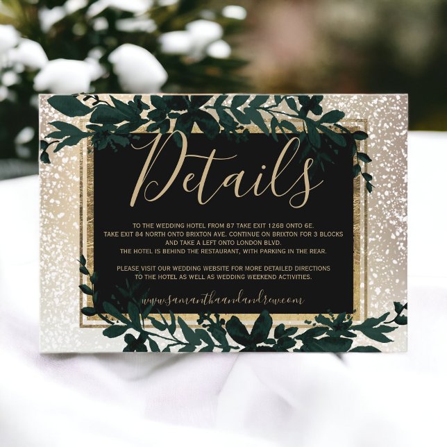Carte D'accompagnement or typographie feuille neige élégante détails hive (gold typography leaf snow elegant winter details enclosure card)