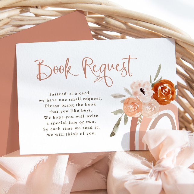Carte D'accompagnement Orange Terracotta Boho | Rainbow Baby Book Demande (A cute, boho baby shower book request card with a neutral terracotta rainbow and flowers)