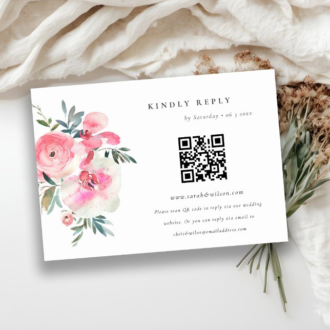 Carte D'accompagnement Orchidée rose Floral Mariage QR Code RSVP (Créateur téléchargé)