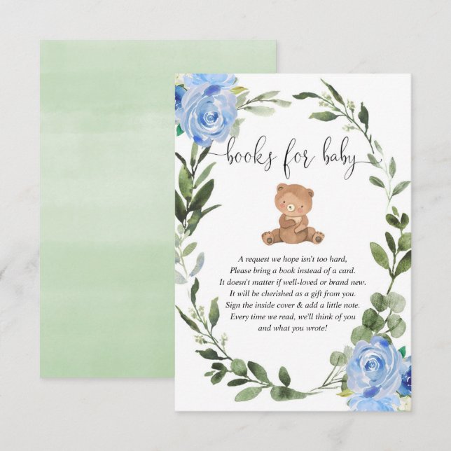 Carte D'accompagnement Ours en peluche verdure Livres floraux bleus pour  (Devant / Derrière)
