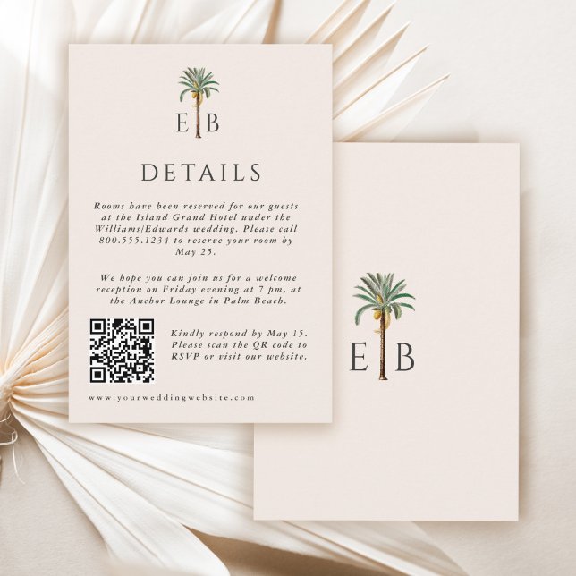 Carte D'accompagnement Palm Elegant Tropical Monogram Wedding Details (Créateur téléchargé)