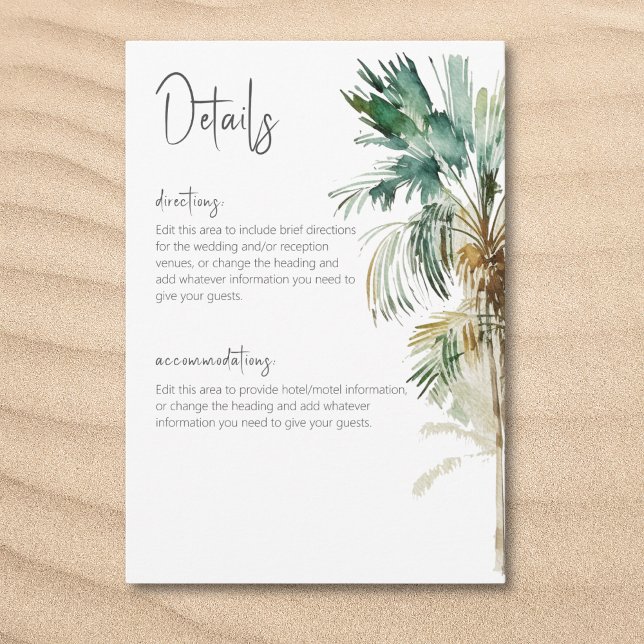 Carte D'accompagnement Palmiers tropicaux Mariage moderne Détails (Tropical Palm Trees Modern Wedding Details Enclosure Card)