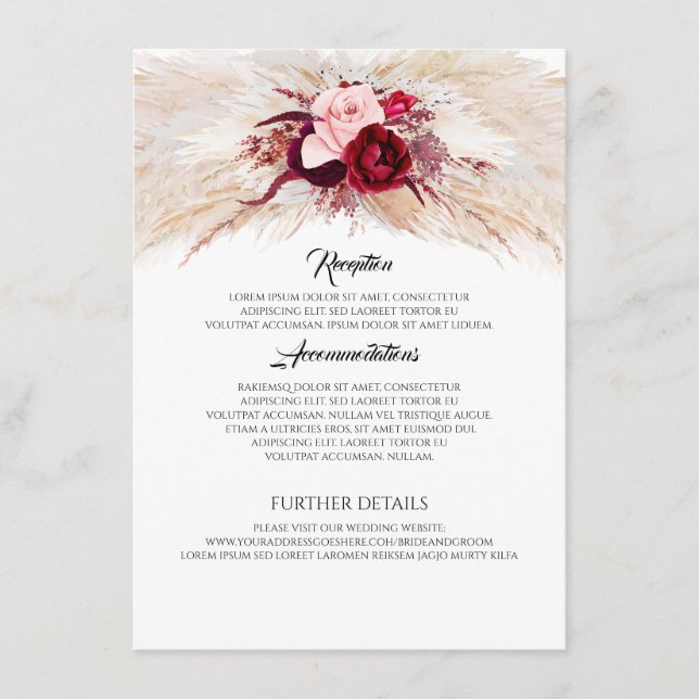 Carte D'accompagnement Pampas Grass Bourgogne Rouge Information Mariage (Devant)