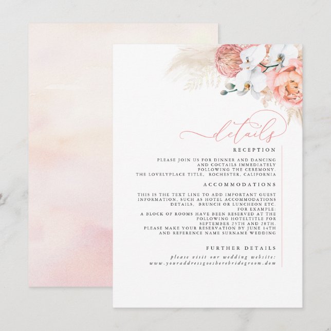 Carte D'accompagnement Pampas Grass Pink Blush Détails du Mariage (Devant / Derrière)