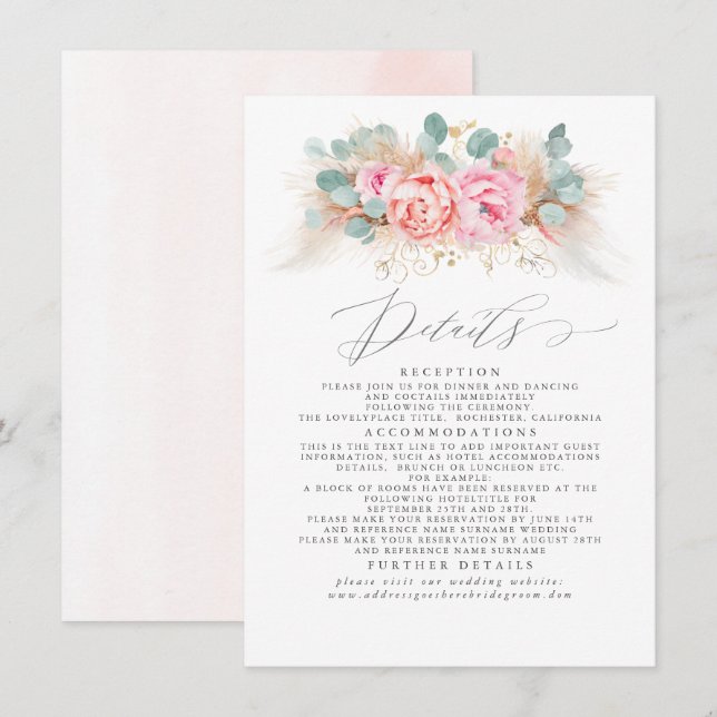 Carte D'accompagnement Pampas rose Floral Grass Détails du Mariage (Devant / Derrière)