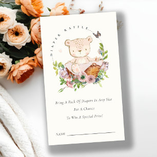 Carte D'accompagnement Panier à fleurs d'ours Baby shower à carreaux rose