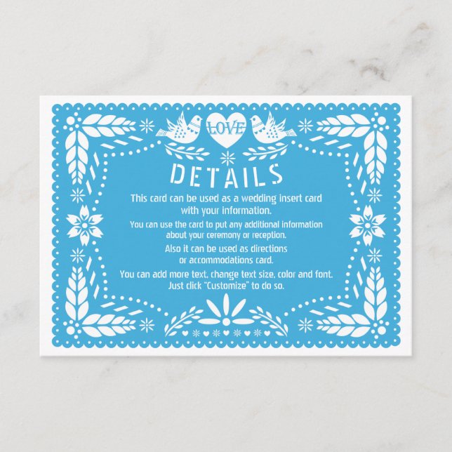 Carte D'accompagnement Papel picado inséparables bleu détails mariage (Devant)