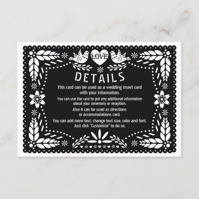 Carte D'accompagnement Papier noir picado inséparables détails mariages (Devant)