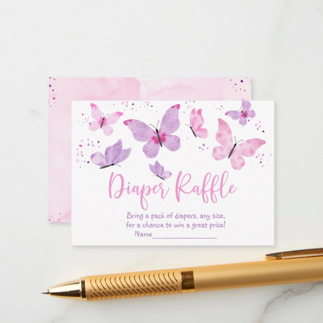 Carte D'accompagnement Papillon rose violet Baby shower Déchets Raffin (Devant/Arrière en situation)