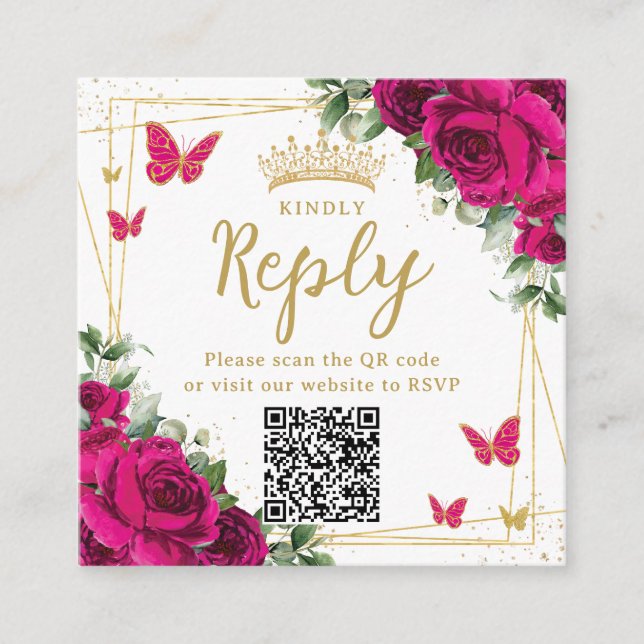 Carte D'accompagnement Papillons floraux Fuchsia Quinceanera RSVP QR (Devant)