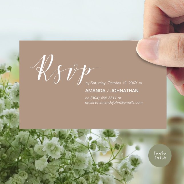Carte D'accompagnement Parti de Mariage moderne RSVP, en Taupe chaud (Modern Wedding RSVP Invitation Card, Online reply, Email or phone, in warm taupe)