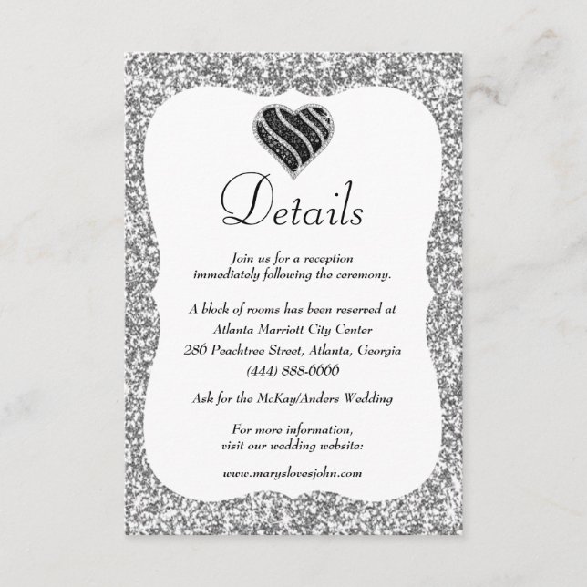 Carte D'accompagnement Parties scintillant d'argent Black & White Heart D (Devant)