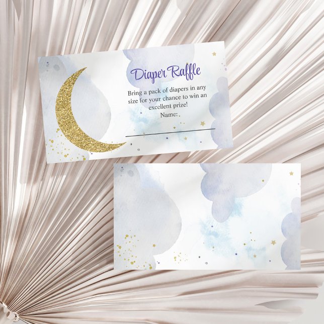 Carte D'accompagnement Parties scintillant d'or Lune Déchets Raffin (Golden Glitter Moon Diaper Raffle Enclosure Card on a white dry palm leaf.)