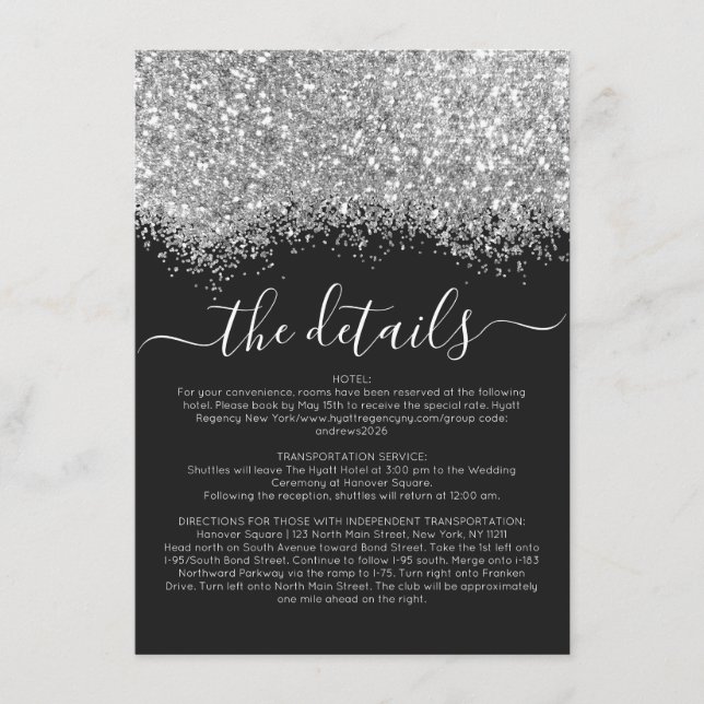 Carte D'accompagnement Parties scintillant Noir Argent Confetti Mariage D (Devant)