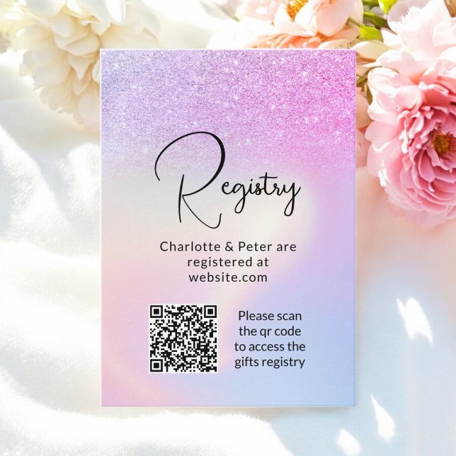 Carte D'accompagnement Parties scintillant rose violet Holographique regi (Pink Purple Glitter Holographic bridal registry qr Enclosure Card)