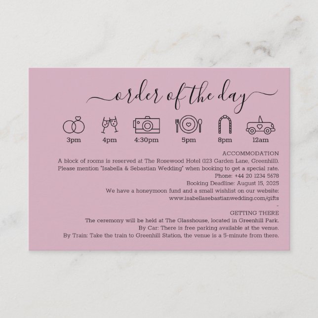 Carte D'accompagnement Pastel Blush Pink Wedding Details Order Of The Day (Devant)