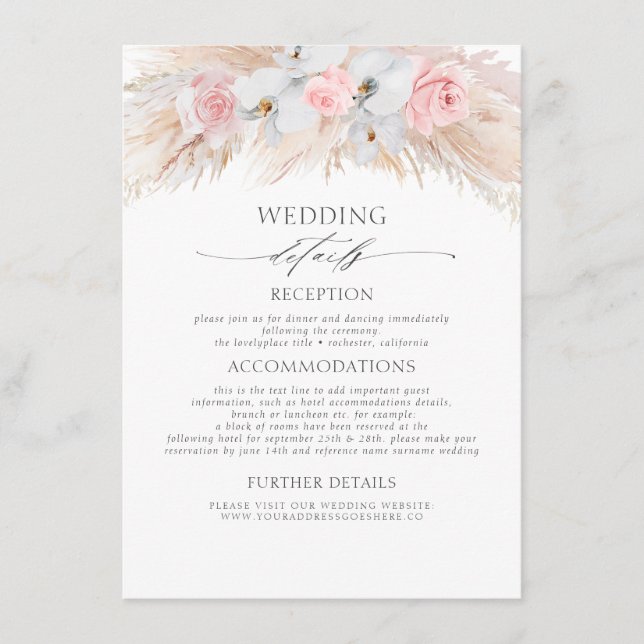 Carte D'accompagnement Pastel Flowers Exotic Pampas Grass Mariage Détails (Devant)