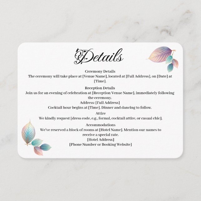 Carte D'accompagnement Pastel Iridescente Feuille Mariage Dreamy Pastels (Devant)