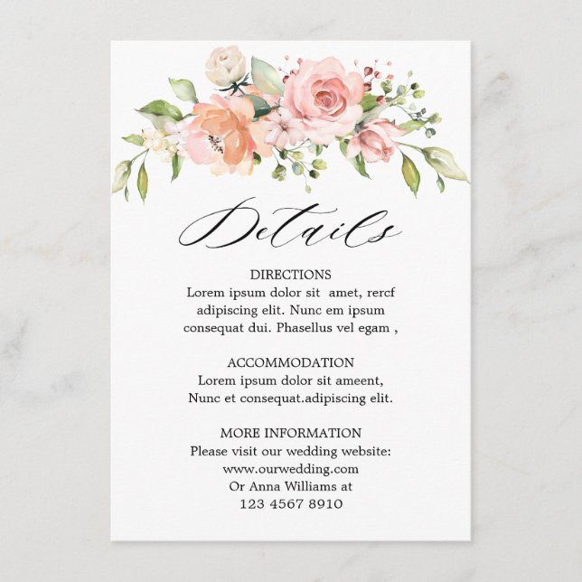 Carte D'accompagnement Pastel Pink Blush Rose Floral Détails Mariage (Devant)