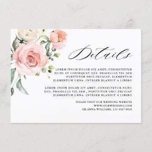 Carte D'accompagnement Pastel Pink Blush Rose Floral Détails Mariage