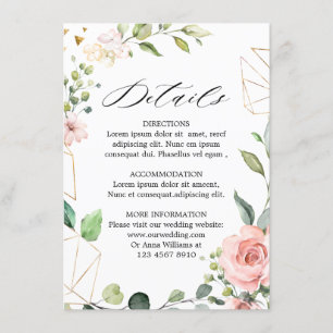 Carte D'accompagnement Pastel Pink Blush Rose Floral Détails Mariage
