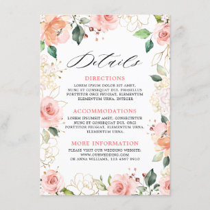 Carte D'accompagnement Pastel Pink Blush Rose Floral Détails Mariage