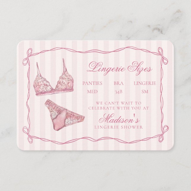 Carte D'accompagnement Pastel Pink Lingerie Sizes Shower Bow (Devant)
