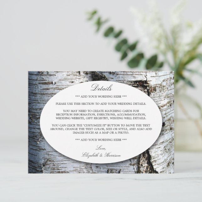 Carte D'accompagnement Pays Rustic Birch Tree Mariage - détails Insérer (Debout devant)