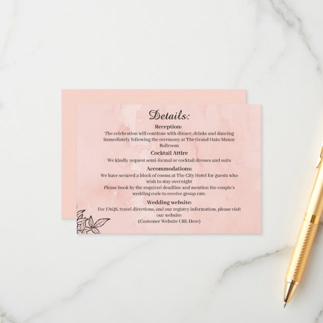 Carte D'accompagnement  Peach Botanical Wedding Details Card (Devant/Arrière en situation)