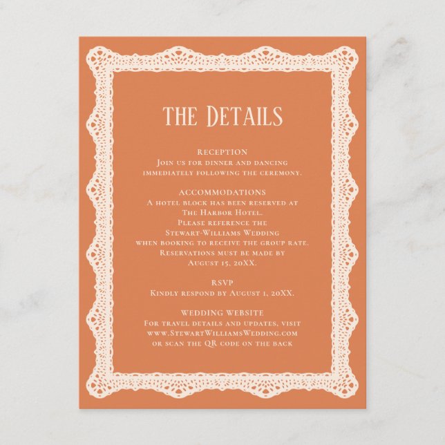 Carte D'accompagnement Peach Lace Details Reception Information Wedding  (Devant)